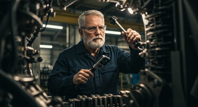 Experienced engineer meticulously inspects complex machinery with tools in a dimly lit factory setting