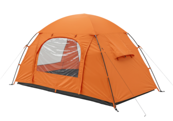 Isolated orange camping tent for outdoor adventure, hiking, trekking, and travel recreation