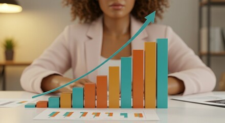 Businesswoman analyzing financial growth chart with upward trend arrow on desk