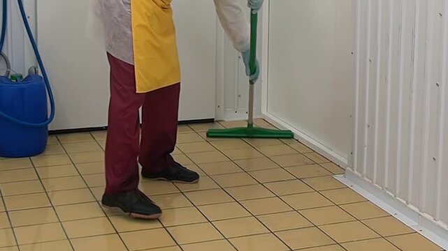 Hygiene worker, donning yellow apron and maroon trousers, pushes green squeegee to clean and dry floor in white sterile kitchen. Worker methodically cleans, ensuring sanitary workspace.