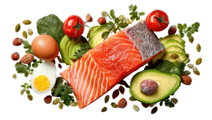 Fresh salmon fillet with avocado, egg, and vegetables