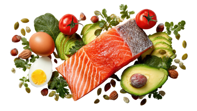 Fresh salmon fillet with avocado, egg, and vegetables