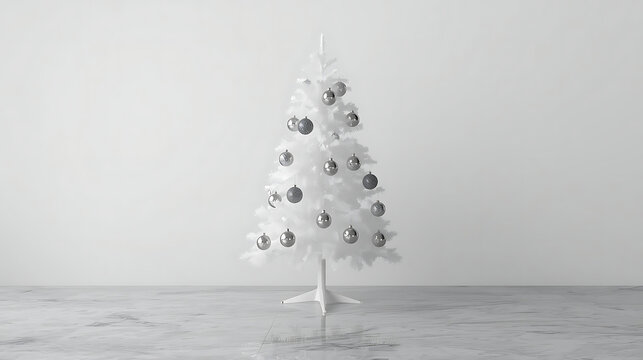 Minimalist white Christmas tree adorned with silver baubles against plain background for serene modern vibe