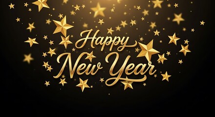 Golden Happy New Year text with stars on black background.