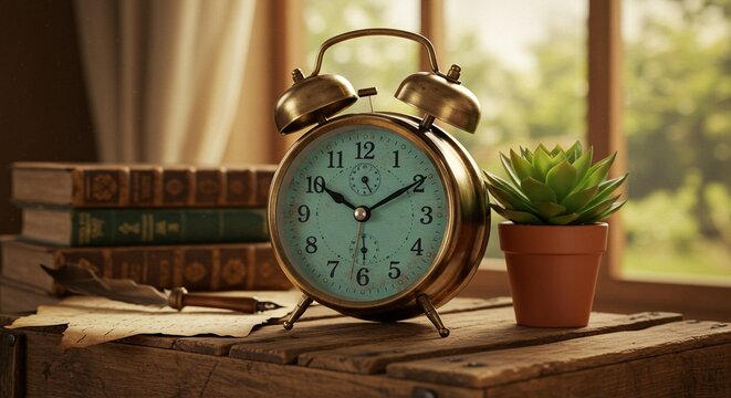 Vintage alarm clock on a wooden table with books and a plant, bathed in soft window light