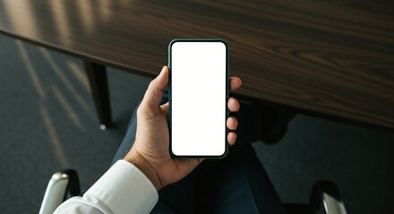 A person holding a smartphone with a blank white screen in a modern office setting