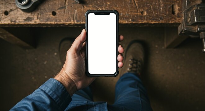 Man holding a smartphone with a blank screen in a workshop setting, topdown view - Powered by Adobe