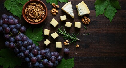 Grapes, cheese, walnuts, and rosemary artfully arranged on a dark wooden surface, creating a rustic and inviting food composition