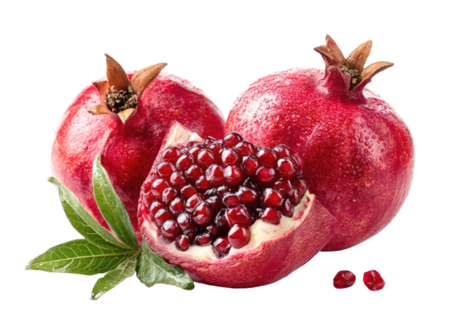 Ripe red pomegranates, one cut revealing juicy seeds