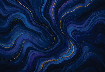 An abstract, fluid art piece dominated by swirling gradients of deep blues, purples, and touches of gold, creating a sense of calm and luxury.