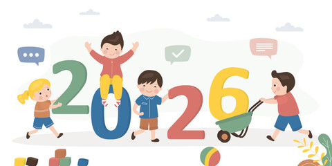 New 2026 year. Group of preschool kids celebrate for new 2026 year. Happy children with giant numbers. Horizontal banner.