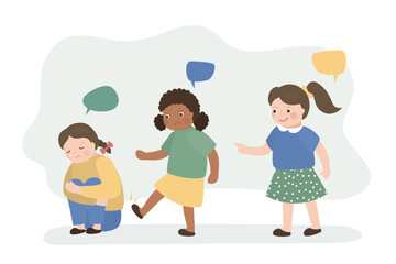 Kids bullying. Girls fighting. Domestic violence scene. School girls bully and beating kid. Unhappy crying girl sitting on floor