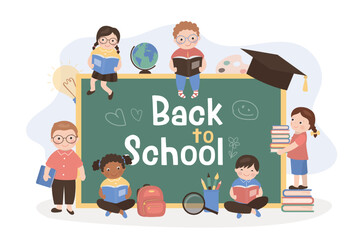 Multiethnic schoolboys and schoolgirls, school supplies and tools, start of school year. Back to school banner on chalkboard. Different kids students reading textbooks.