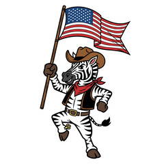 Obraz premium cool cartoon zebra cowboy waving the American flag illustration