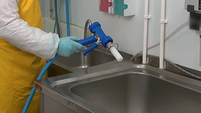 A worker is shown in a restaurant kitchen using specialized cleaning tools, including a blue handled sprayer to sanitize a metal kitchen sink in a commercial setting. Uniforms are worn.