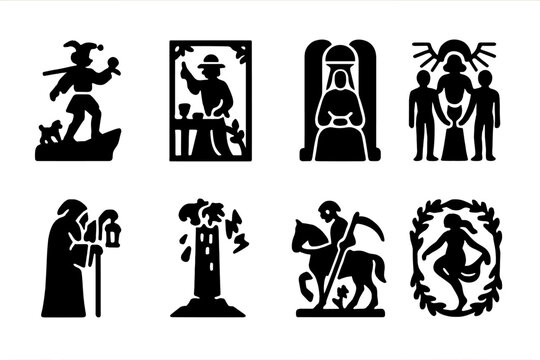 Tarot Archetype Icons. Solid style icons of tarot card archetypes: The Fool, The Magician, The High Priestess, The Lovers, The
