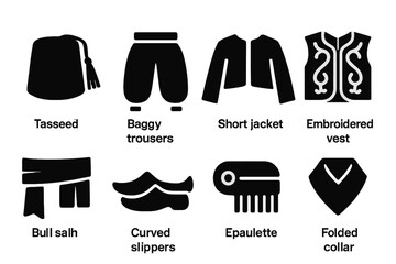 Vintage Zouave Uniform Icons. Solid style icons of vintage Zouave uniform elements: Tasseled Fez, Baggy Trousers, Short Jacket,