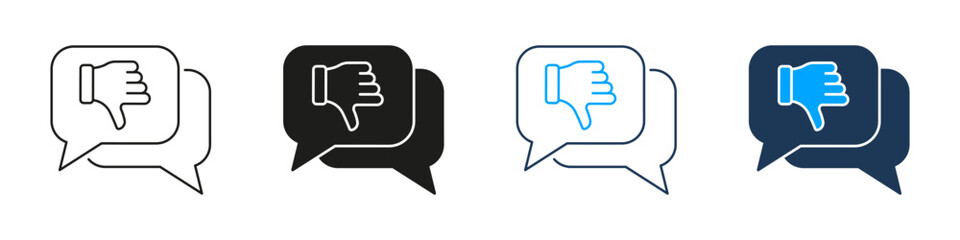 Thumbs Down In Speech Bubble Line And Solid Icon Set. Negative Feedback, Disapproval, And Criticism Communication Symbol Collection. Social Media Interaction. Isolated Vector Illustration