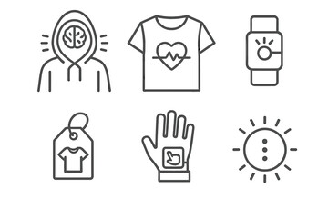 Smart Textiles Icons. Line style icons of Smart Textiles in Education: focus-level tracking hoodie, attention pulse monitor shirt,