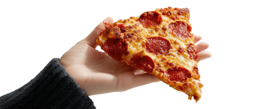 Hand holding a slice of pepperoni pizza against a black background