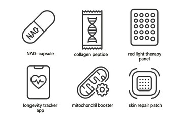 Anti-Aging Icons. Line style icons of Anti-Aging Biohacks: NAD+ capsule, collagen peptide pack, red light therapy panel, longevity