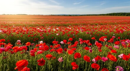 Vast Field of Red Poppies Under a Bright Blue Sky.