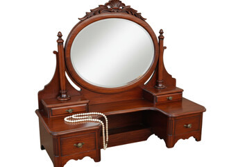 Isolated wooden dressing table with mirror and necklace for beauty products storage