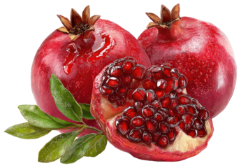 Ripe red pomegranates, one split open revealing seeds