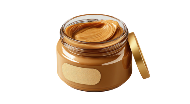 A jar of creamy, smooth peanut butter with an open lid and label