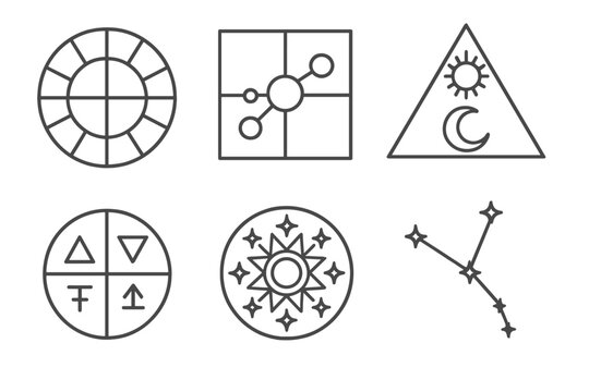 Astrological Geometry Icons. Line style icons of Astrological Geometry: zodiac wheel pattern, planetary alignment grid,