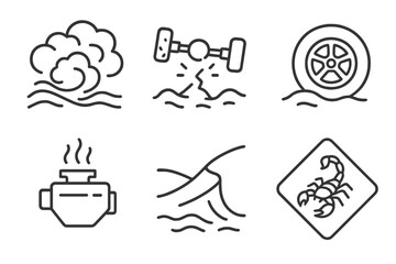 Desert Hazard Icons. Line style icons of desert hazards: sandstorm icon, broken axle, flat tire, overheating engine, dune drop,