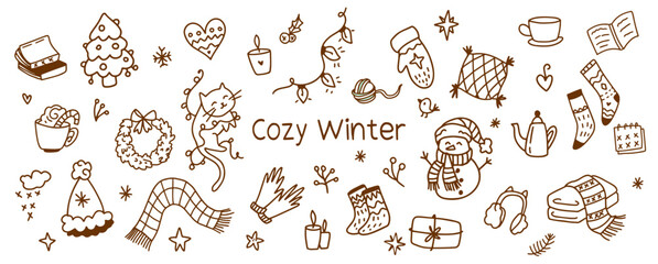 Winter cozy doodle set. Warm clothes, drinks, books, gifts, candles, mittens, socks, snowflakes and others. Cute line art vector. on white background Christmas mood