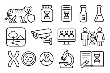 Fototapeta premium Conservation Genetics Icons. Line style icons of Conservation Genetics: endangered species, gene bank, DNA storage, lab vial;