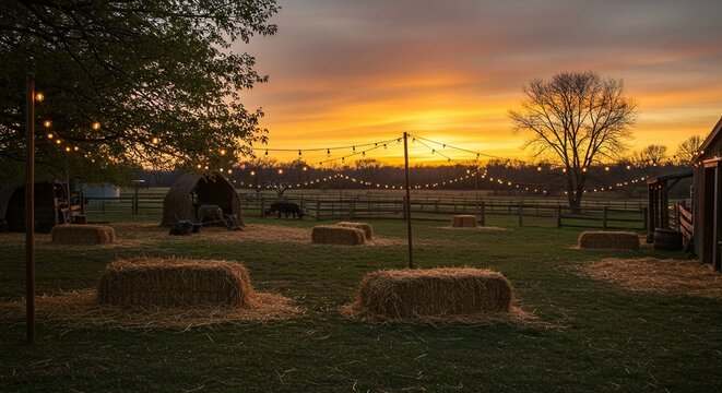 Golden sunset illuminates a rustic farm scene with hay bales and string lights, creating a warm ambiance
