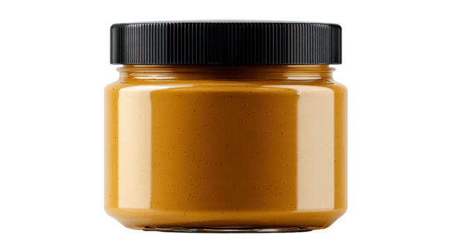 Glass jar filled with creamy, smooth, peanut-butter colored spread