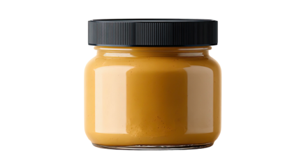 Small glass jar filled with smooth, golden-orange paste, black lid