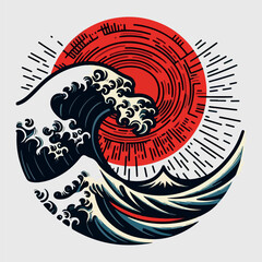 Japanese wave with red sun wave logo hand drawn japanese oriental style 