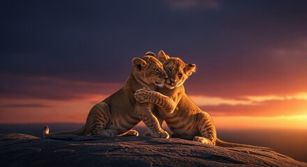 Two adorable lion cubs embracing tenderly on a rock at sunset, showcasing their bond amidst a breathtaking, vibrant sky and warm, golden light