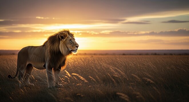 Majestic Lion Standing Tall in the Golden Hour of a Savanna Landscape, Capturing the Essence of Wild African Wildlife and Nature's Grandeur