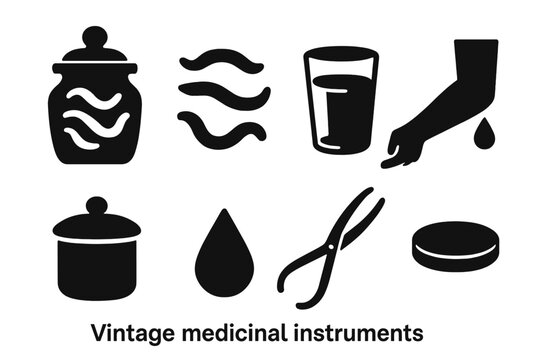 Vintage Medicinal Icons. Solid style icons of Vintage Medicinal Instruments: Leech Jar, Leeches, Glass, Bloodletting, Medicine,