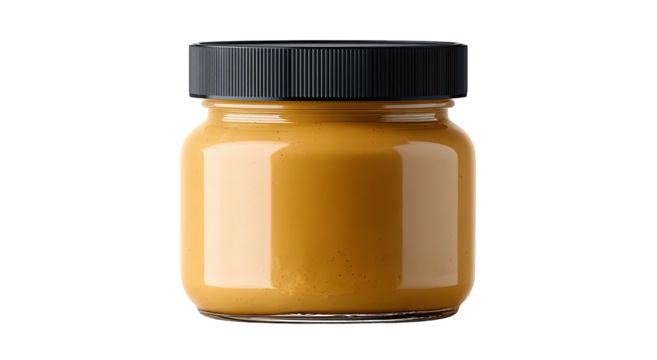 Small glass jar filled with smooth, golden-orange paste, black lid