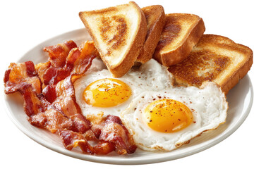 Classic breakfast plate with fried eggs, crispy bacon, and toast