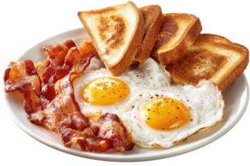 Classic breakfast plate with fried eggs, crispy bacon, and toast