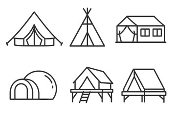Line Style Tents Icons. Line style icons of Tent and Shelter Structures: canvas bell tent, teepee tent, safari tent, bubble tent,