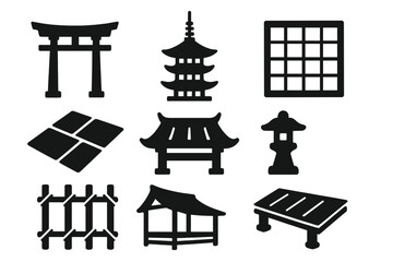 Japanese Architecture Icons. Solid style icons of Japanese architecture elements: Torii Gate, Pagoda, Shoji Screen, Tatami Floor,