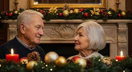 Elderly couple sharing a tender moment by a fireplace adorned with christmas decorations