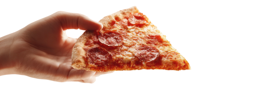 A hand holding a slice of pepperoni pizza against a black background