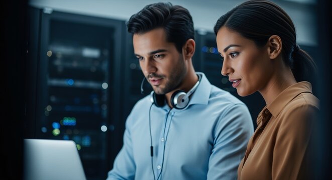 Two IT professionals collaborating in a server room, examining data on a laptop, symbolizing teamwork and technology in a data center environment, focused on digital infrastructure