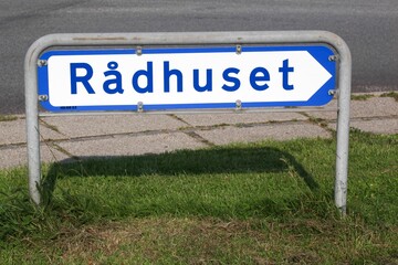 Town hall road sign called radhuset in Danish language