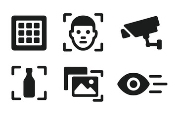 Digital Vision Icons. Solid style icons of digital vision systems: Camera Sensor Grid, Facial Recognition Box, Image Comparison